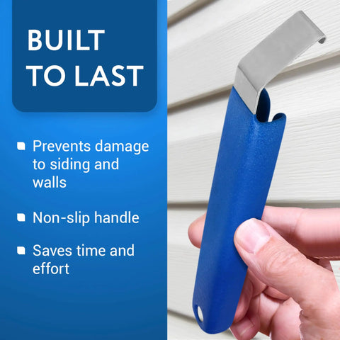 Person holding Vinyl Siding Removal Tool Kit Pack Of 2 One Piece Steel Zip Tools with blue comfort grip handles next to siding