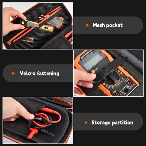 Universal Multimeter Case Gear for Electrical Tools with mesh pocket, Velcro fastening, and storage partition for MM300 MM325.