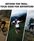 Cyclist, runner with Super Light And Breathable Running Hydration Vest For Guys And Gals On The Trails 10 Liter Capacity, hiker on mountain trail.