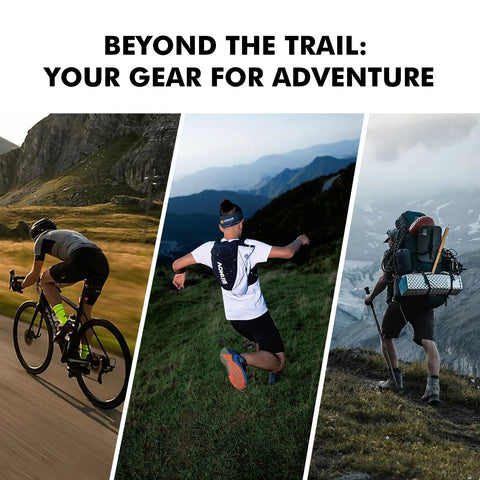 Cyclist, runner with Super Light And Breathable Running Hydration Vest For Guys And Gals On The Trails 10 Liter Capacity, hiker on mountain trail.