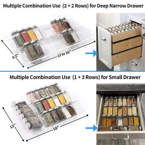 Heavy Duty Clear Acrylic Spice Drawer Organizer 4 Tier 2 Pack displayed in deep narrow and small drawers with spices clearly organized.