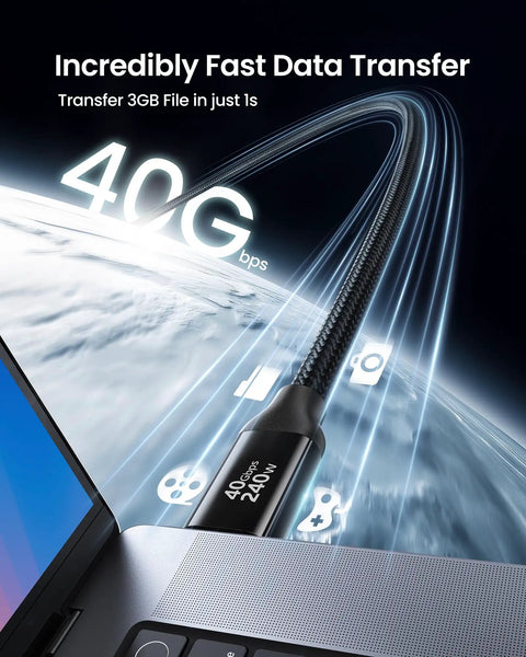 Ultra Fast USB4 Thunderbolt 4 Cable 1ft 40Gbps Data Transfer 240W PD Charging 8K60Hz Ready Perfect For Docks External GPUs Laptops Monitors And High Power Gear, shown with laptop