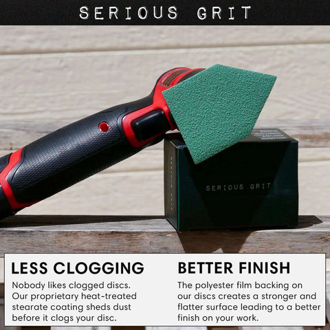 Triangle Sanding Sheets 90mm By 65mm Set For Milwaukee M12 Sander With Assorted Grits on a handle showcasing green sandpaper pad
