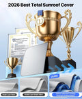 2026 Best Total Sunroof Cover featuring trophies, fabric samples, and quality inspection certificates displayed together.