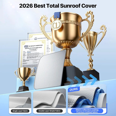 2026 Best Total Sunroof Cover featuring trophies, fabric samples, and quality inspection certificates displayed together.