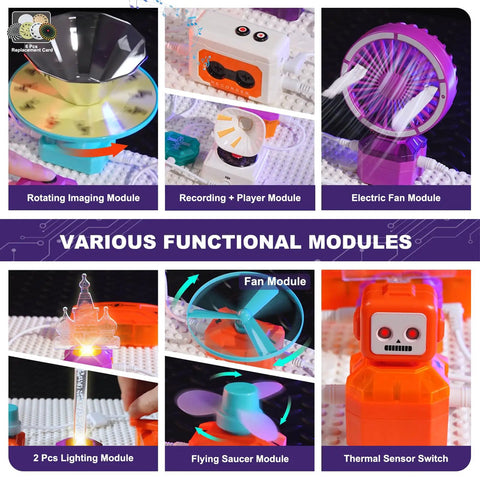 Kids Electric Circuit Kit With 68 Pieces For Electronics Exploration, 450 Plus Projects showing various functional modules