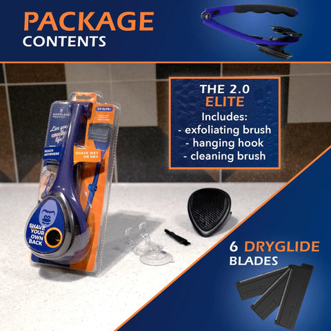 Package contents of Slick And Smooth Waterproof Back Shaver For Men With A Grippy Silicone Handle And Painless Razor Kit.
