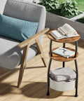 3 Tier Round Side Table With Storage Basket 24 Inch Tall Rustic Brown Space Saving End Table For Tight Spaces Sofa Side Table