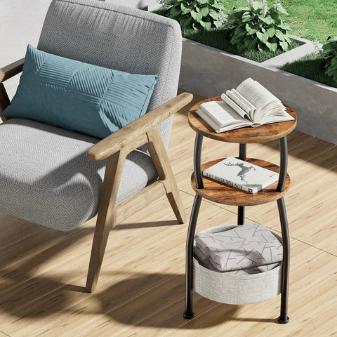 3 Tier Round Side Table With Storage Basket 24 Inch Tall Rustic Brown Space Saving End Table For Tight Spaces Sofa Side Table