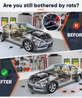Dual Ultrasonic And LED Strobe Rodent Deterrent For Cars And Indoor Use, 2 Pack Mice Repellent comparison showing before and after effect on cars in garage