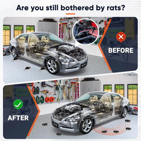 Dual Ultrasonic And LED Strobe Rodent Deterrent For Cars And Indoor Use, 2 Pack Mice Repellent comparison showing before and after effect on cars in garage