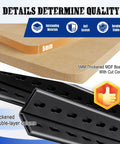 Close-up of MDF boards and steel with text, showcasing features of Heavy Duty Garage Shelving Unit Four Pack With Boltless Adjustable Steel Racks 71 In H 28 In W 12 In D 1900 Lbs Total Capacity Durable Metal Storage Shelves For Garage Pantry Basement Warehouse Black.
