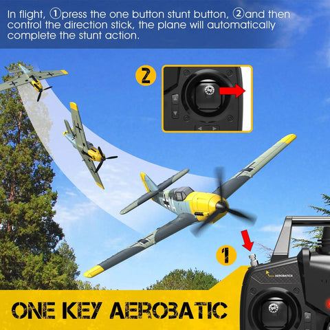 BF109 RC Airplane Ready To Fly With XPILOT Stabilization System performing aerobatics with remote controls in a park setting.