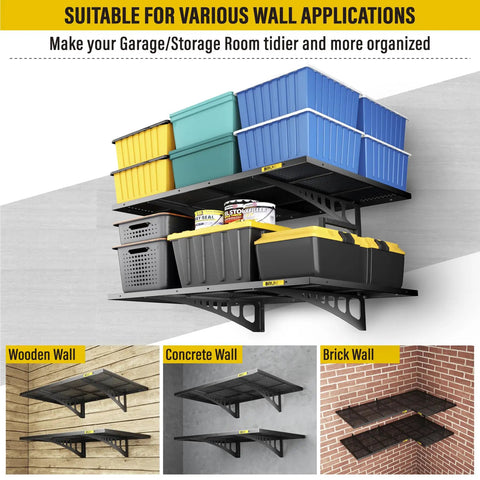 Two Pack 2x3ft Adjustable Metal Garage Wall Shelves Heavy Duty Wall Mounted Storage Racks Black Perforated Steel Panels With Sliding Rail Design