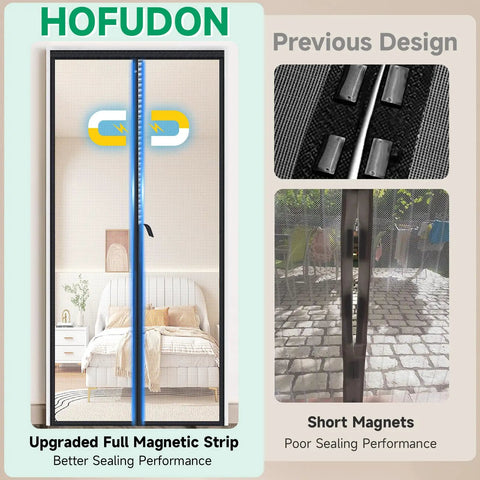 Upgraded Magnetic Screen Door With Full Strip Magnets, Heavy Duty Fiberglass Mesh, Black, front view and design comparison