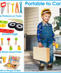 Child holding 44 Piece Wooden Kids Tool Set With Drill, STEM Montessori Construction Toys, showcasing tool details and carry box