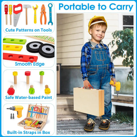 Child holding 44 Piece Wooden Kids Tool Set With Drill, STEM Montessori Construction Toys, showcasing tool details and carry box
