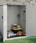 Vertical Resin Outdoor Storage Shed For Tools And Patio Gear Waterproof Garden Cabinet 386 Gallon Capacity open with tools inside