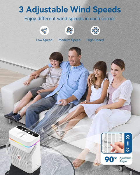 Compact 4-In-1 Mini Air Conditioner With Ice Water Cooling, Humidifier, Night Light, 1250ml Tank, 3 Speed Settings in living room