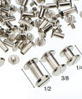 Complete 75 Piece Chicago Screw Post Leather Binding Kit showing 1/4, 3/8, and 1/2 inch carbon steel posts and rivet buttons.
