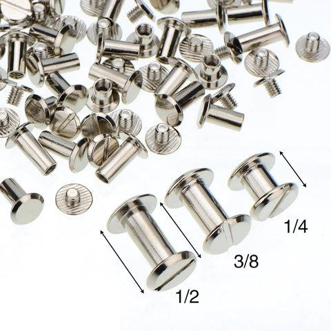 Complete 75 Piece Chicago Screw Post Leather Binding Kit showing 1/4, 3/8, and 1/2 inch carbon steel posts and rivet buttons.