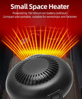 Compact Portable Heater Pumping Out Kickin Warmth Indoors With Dual Temp Settings And 18V Battery Powered, small space heater, black design, ideal for workshops.