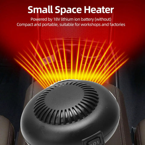 Compact Portable Heater Pumping Out Kickin Warmth Indoors With Dual Temp Settings And 18V Battery Powered, small space heater, black design, ideal for workshops.