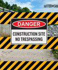 Four Pack Danger Construction Site Signs 14 By 10 Inches Waterproof Plastic Durable Warning Signs For Hazard Areas No Trespassing Heads Up High Visibility Notice For Job Sites With Bold Text And Long Lasting Construction displayed with warning stripes background.