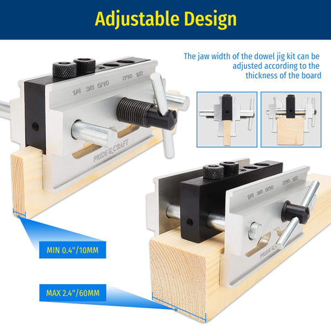 Self Centering Dowel Jig Kit with Six Drill Guide Bushings for precise straight holes in woodworking projects, adjustable design.