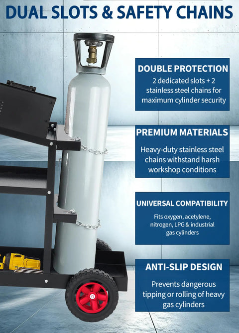 Heavy Duty 3 Tier Welding Cart With 400 Lb Load Capacity Rolling Metal Utility Cart and gas cylinder secured with chains