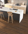 Dark Brown Peel And Stick Floor Tiles 6x36 Inch Waterproof Vinyl Planks in modern kitchen with island and bar stools