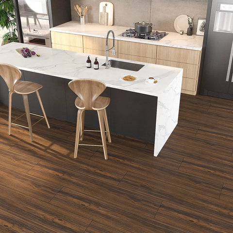 Dark Brown Peel And Stick Floor Tiles 6x36 Inch Waterproof Vinyl Planks in modern kitchen with island and bar stools