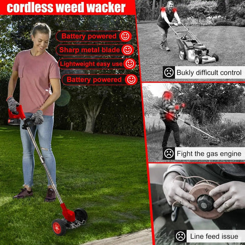 Person using Cordless Weed Wacker 3-In-1 Grass Trimmer For Yard Work, 21V Battery Powered, shown with red handle and wheels