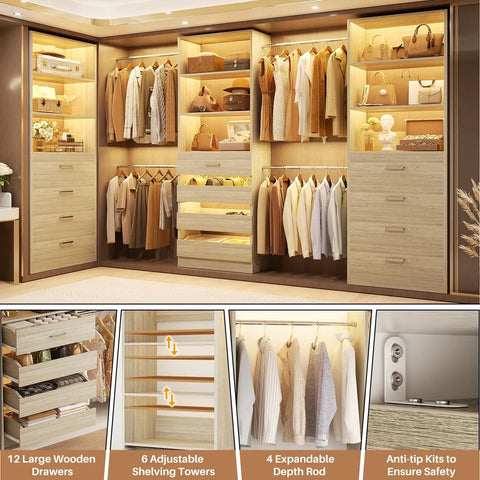 Heavy Duty Wooden Closet System With Twelve Drawers Four Hanging Rods And Two Tall Towers For Maximum Garment Shoe And Bag Storage showcasing 12 drawers and adjustable shelving.