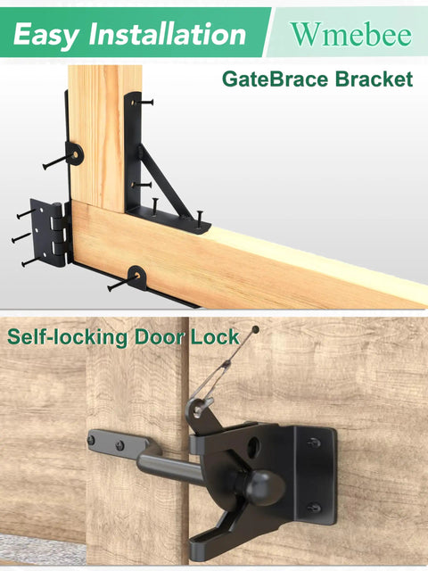 Anti Sag Gate Kit Two Pack Heavy Duty Fence Gate Hardware For Durable Wood And Metal Gates, Steel Construction, Rust Proof Design, Supports Up To 120 Lbs Per Gate, Easy Install And Long Lasting Performance, gate brace and self-locking latch on wood gate