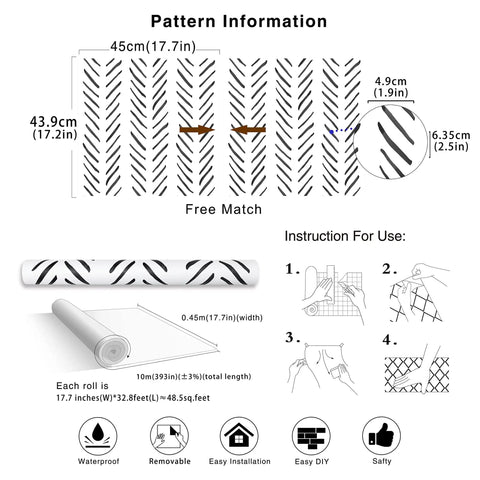 Boho Peel And Stick Chevron Wallpaper Self Adhesive Mural In Black And White Stripes 17.7In By 32.8Ft pattern details and instructions