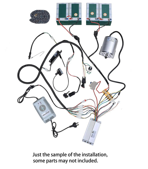Components of High Torque 48V 1800W Brushless Electric Motor Kit With Controller, wiring, and connectors for DIY Go Kart ATV setup