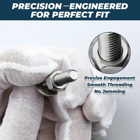 Close-up of Six Piece Set 3/8-16 Stainless Steel Hex Head Screws Bolts With Nuts Flat And Lock Washers Full Thread Coarse Thread