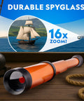 Image of Pirate Adventure Activity Kit For Kids Hands On Treasure Digging Craft A Pirate Hat And Map With Spyglass Compass Telescope And Real Treasure Replicas Includes Doubloon And Pyrite STEM Toys featuring a durable orange spyglass with 16x zoom.