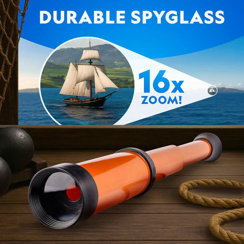 Image of Pirate Adventure Activity Kit For Kids Hands On Treasure Digging Craft A Pirate Hat And Map With Spyglass Compass Telescope And Real Treasure Replicas Includes Doubloon And Pyrite STEM Toys featuring a durable orange spyglass with 16x zoom.