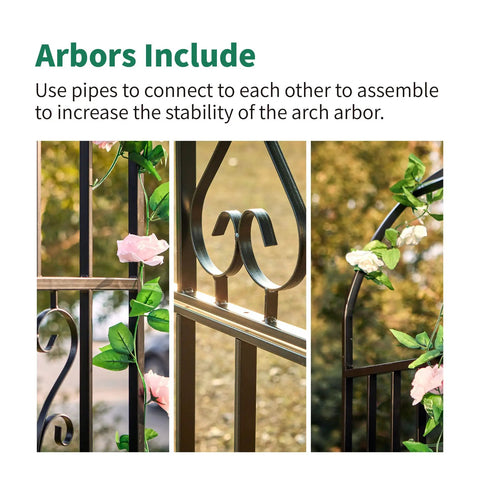 Close-up of a Sturdy Black Wrought Iron Pergola Arbor Garden Arch With Ground Spikes showing decorative scrollwork design and climbing plants