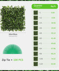 12 Pack 10 By 10 Inch Boxwood Panels Artificial Grass Wall Backdrop size chart and included 100 zip ties for easy setup