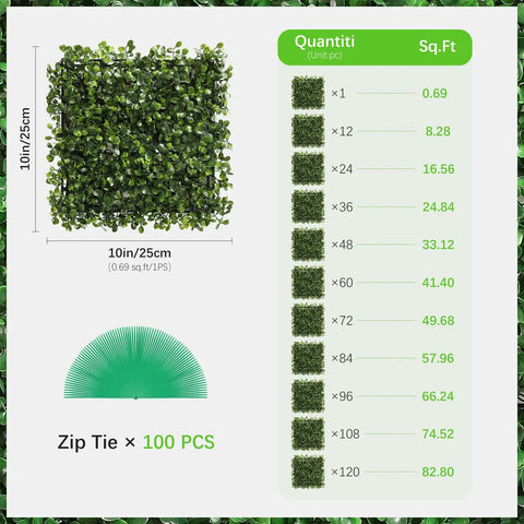 12 Pack 10 By 10 Inch Boxwood Panels Artificial Grass Wall Backdrop size chart and included 100 zip ties for easy setup