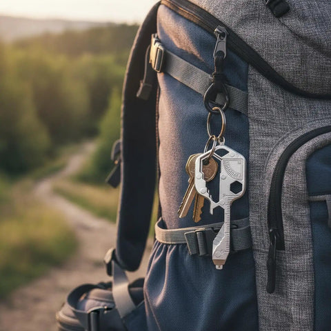 Zinc Alloy Multitool Keychain With Screwdriver Wrench And Bottle Opener For Everyday Carry Grab And Go Utility attaches to backpack.