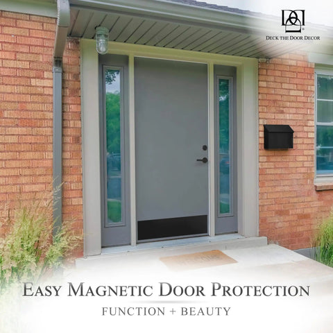 Front entrance with Magnetic Rubber Door Kick Plate With UV Printed Faux Satin Black Finish For Exterior Steel Doors, Easy Magnetic Mount.