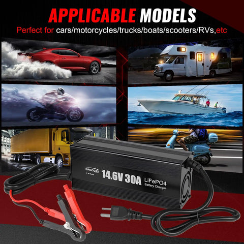 Fast 12V LiFePO4 Battery Charger With 14.6V Output, 30A High Current For 12V Lithium Iron Phosphate Batteries in front of vehicles