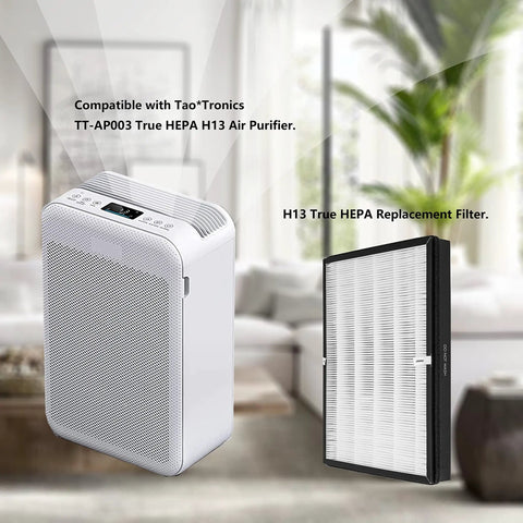Premium H13 True HEPA Replacement Filter For TaoTronics TT-AP003 Air Purifier next to compatible TT-AP003 purifier