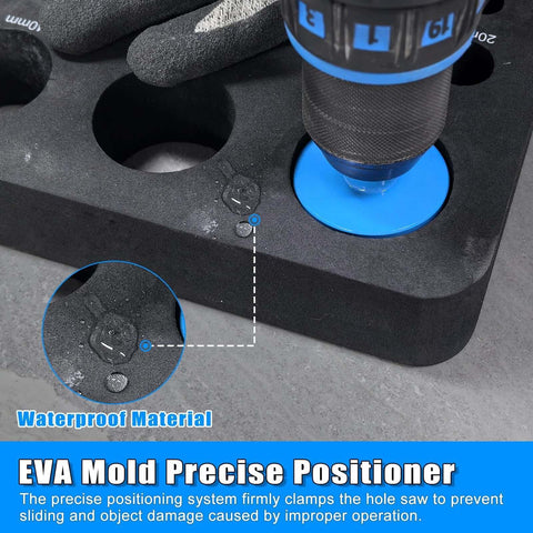 Diamond hole saw tile drill bit kit with blue EVA precision positioner mounted on drill