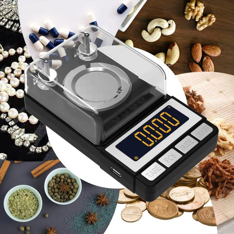 Ultra Precise Milligram Scale 50g 0.001g With 2X 20g Calibration Weights, Reloading Scale For Jewelry And Gold Powder, High Precision MG Scale With Large LCD Display, Battery Included, Great For Tiny Measurements visible with calibration weights, LCD display, and jewelry items around