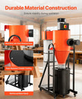 VEVOR 1.5HP Cyclone Dust Collector, 763 CFM High Suction Power With 12.5 Gallon Bag And Base Stand, showing metal body and reinforced base stand.